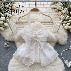 Aiertu Beach Style Chiffon Tube Top Halter Ribbons Drawstring Lace Up Bow Off Shoulder Backless Fashion Streetwear Sexy Vest Aiertu