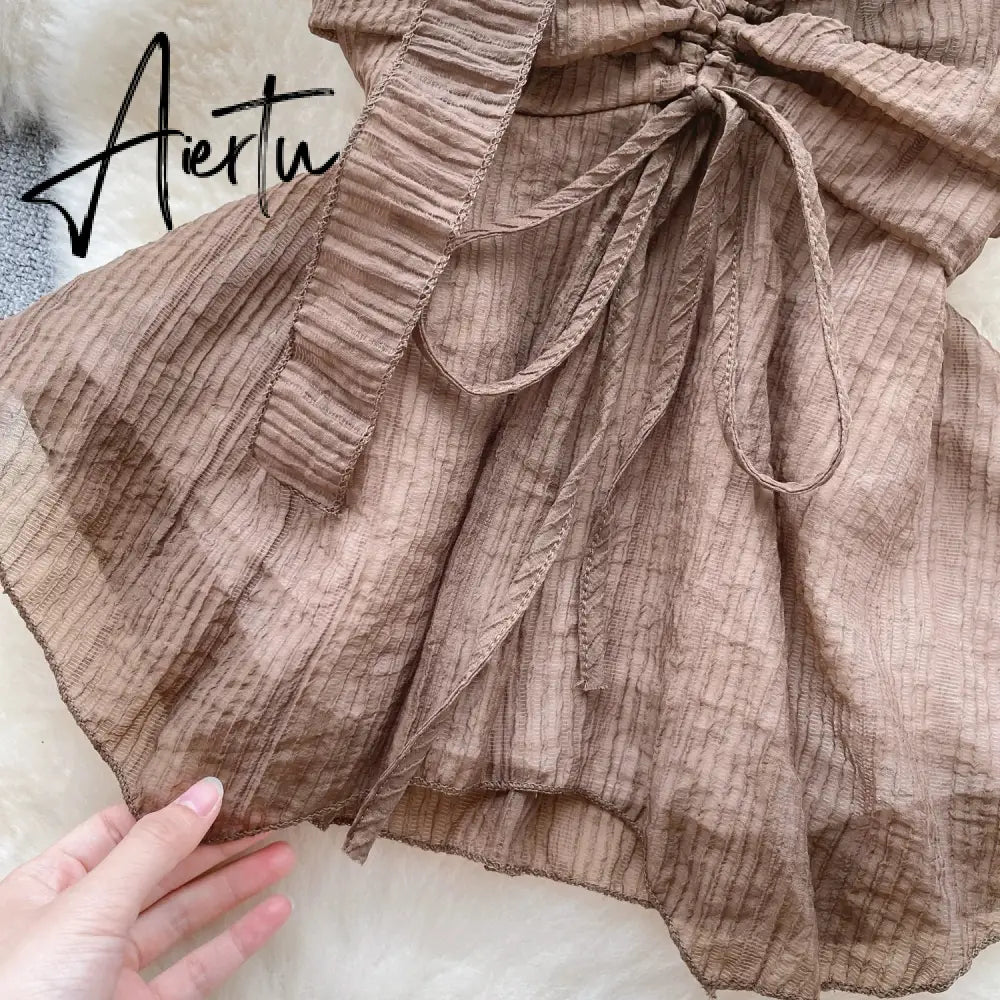 Aiertu Beach Style Chiffon Tube Top Halter Ribbons Drawstring Lace Up Bow Off Shoulder Backless Fashion Streetwear Sexy Vest Aiertu