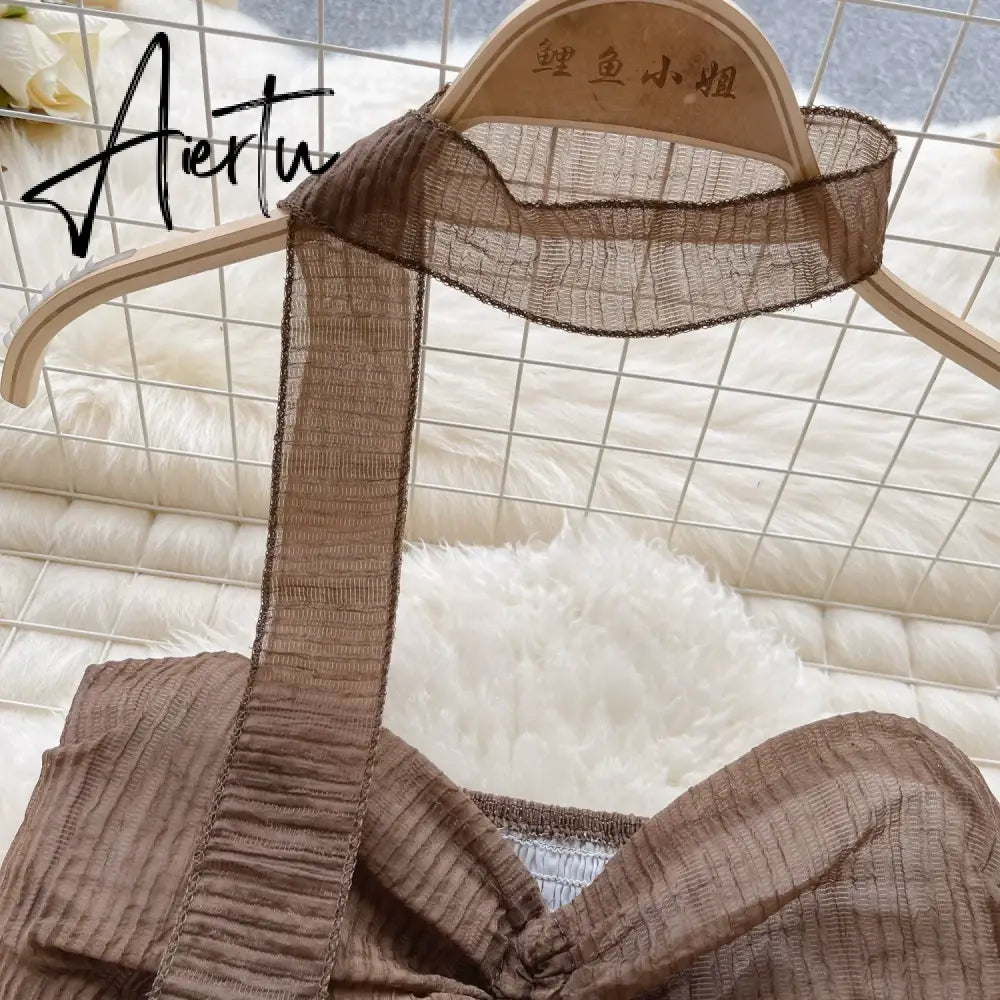 Aiertu Beach Style Chiffon Tube Top Halter Ribbons Drawstring Lace Up Bow Off Shoulder Backless Fashion Streetwear Sexy Vest Aiertu
