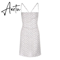 Aiertu  Beach Sundress Women Sling Straps Backless Cross Short Mini Dress Ruched Summer Sexy Little Flowers Printed Casual Vestidos Aiertu