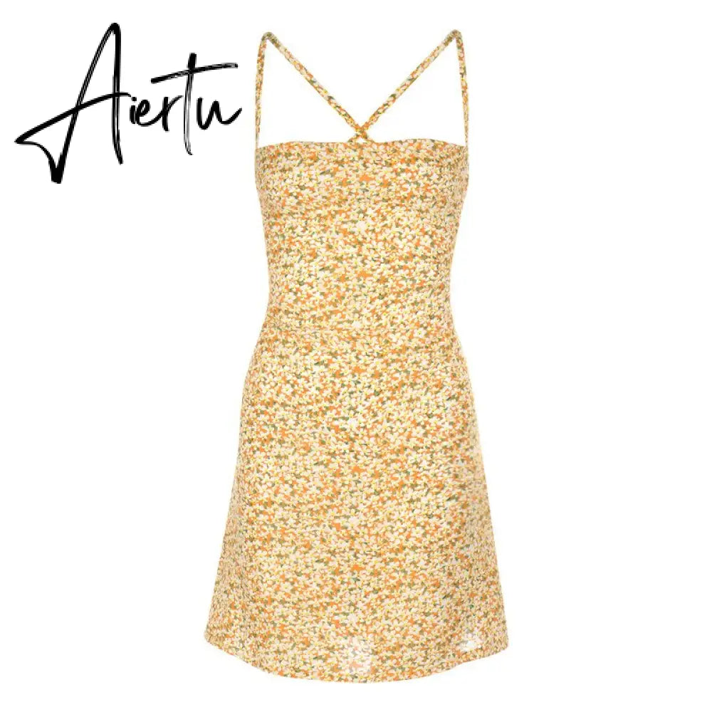 Aiertu  Beach Sundress Women Sling Straps Backless Cross Short Mini Dress Ruched Summer Sexy Little Flowers Printed Casual Vestidos Aiertu