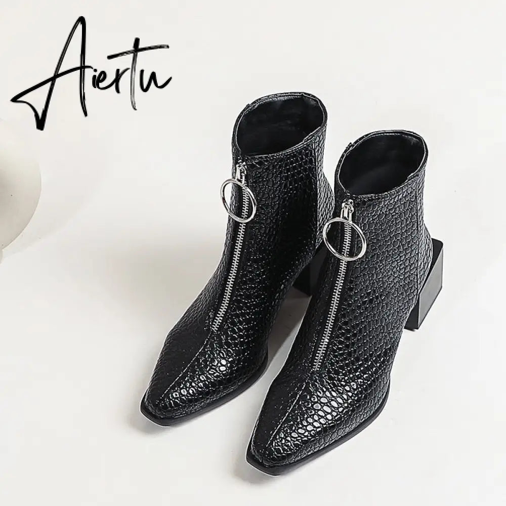 Aiertu Big Size 34-48 Ankle Boots Women Silver Black Front Zipper Short Boots Ladies Thick Chunky Medium Heel Biker Boot Shoes Aiertu