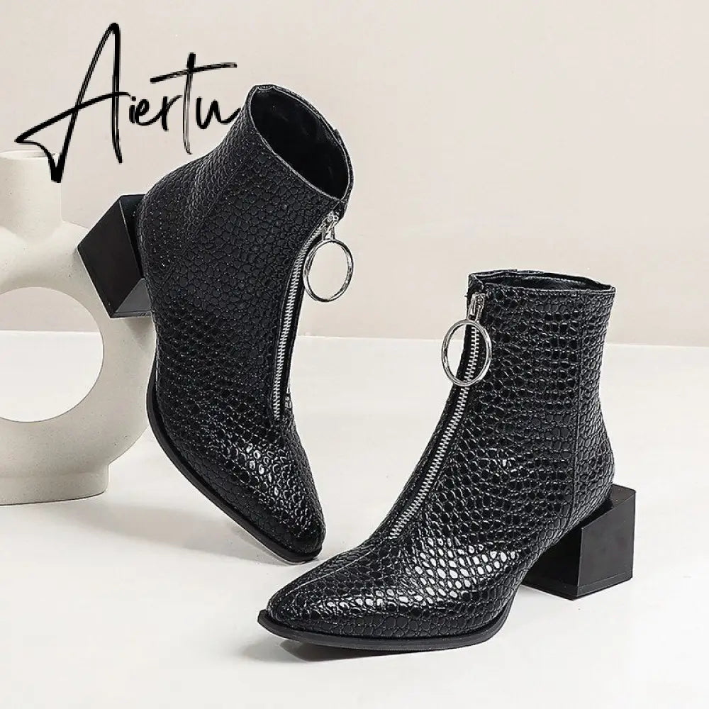 Aiertu Big Size 34-48 Ankle Boots Women Silver Black Front Zipper Short Boots Ladies Thick Chunky Medium Heel Biker Boot Shoes Aiertu