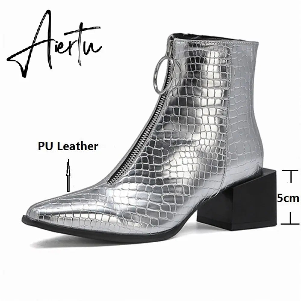 Aiertu Big Size 34-48 Ankle Boots Women Silver Black Front Zipper Short Boots Ladies Thick Chunky Medium Heel Biker Boot Shoes Aiertu