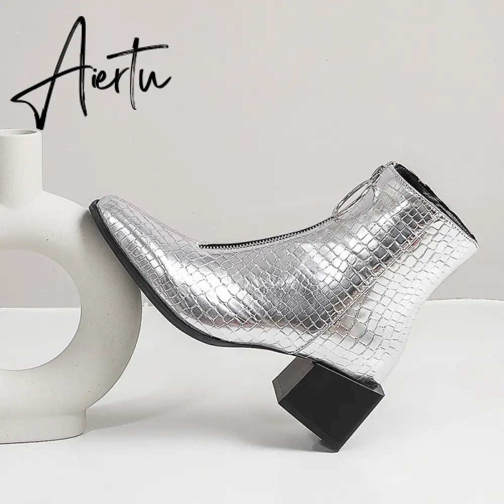 Aiertu Big Size 34-48 Ankle Boots Women Silver Black Front Zipper Short Boots Ladies Thick Chunky Medium Heel Biker Boot Shoes Aiertu