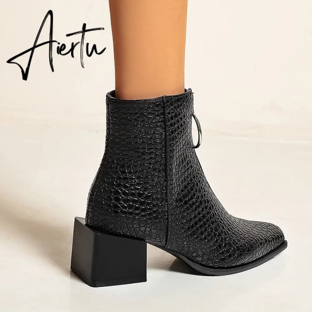 Aiertu Big Size 34-48 Ankle Boots Women Silver Black Front Zipper Short Boots Ladies Thick Chunky Medium Heel Biker Boot Shoes Aiertu