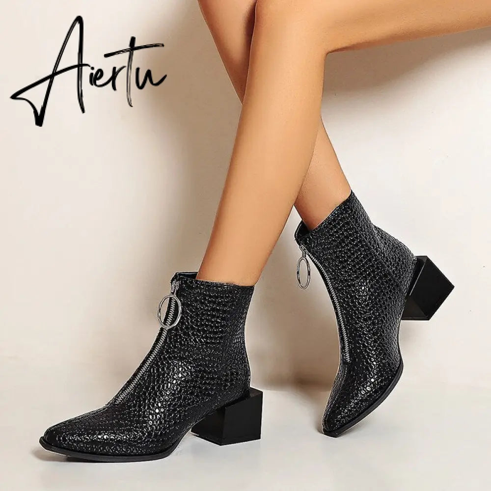 Aiertu Big Size 34-48 Ankle Boots Women Silver Black Front Zipper Short Boots Ladies Thick Chunky Medium Heel Biker Boot Shoes Aiertu