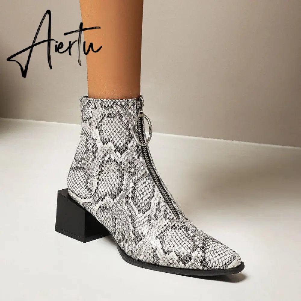 Aiertu Big Size 34-48 Ankle Boots Women Silver Black Front Zipper Short Boots Ladies Thick Chunky Medium Heel Biker Boot Shoes Aiertu