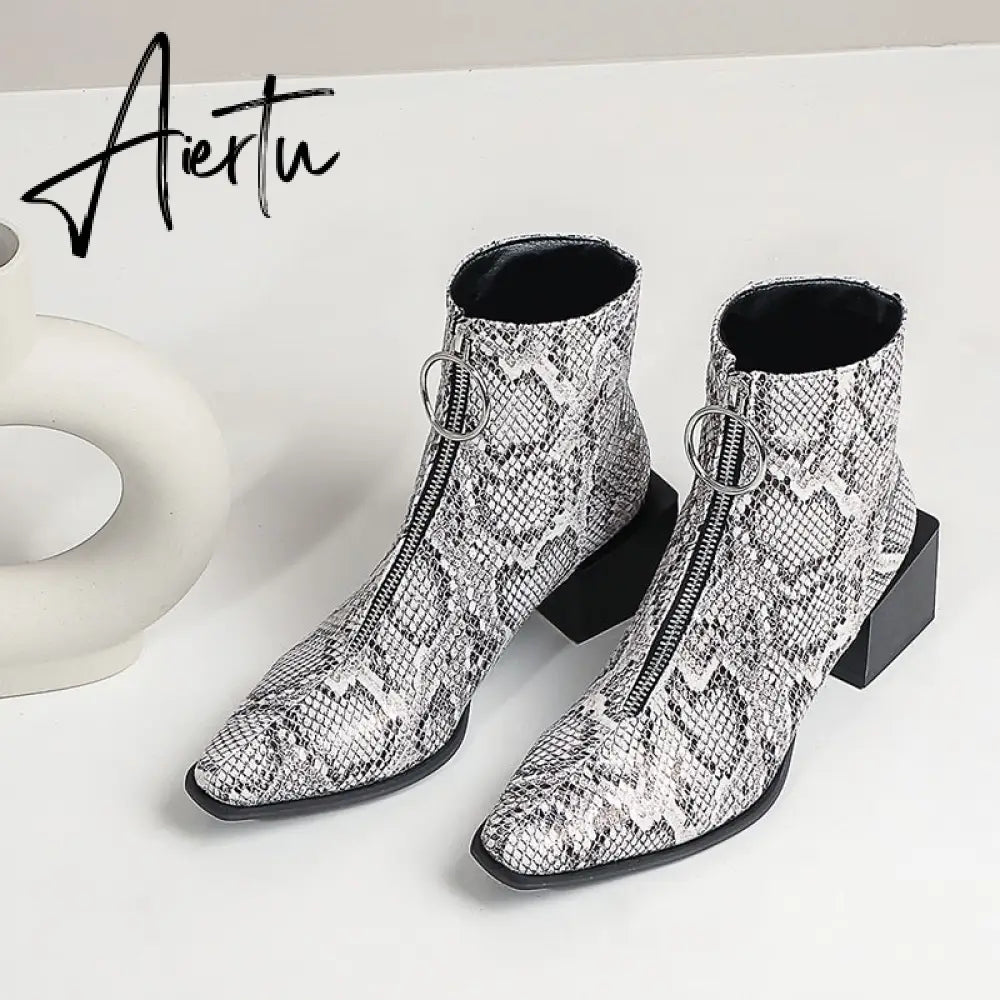 Aiertu Big Size 34-48 Ankle Boots Women Silver Black Front Zipper Short Boots Ladies Thick Chunky Medium Heel Biker Boot Shoes Aiertu