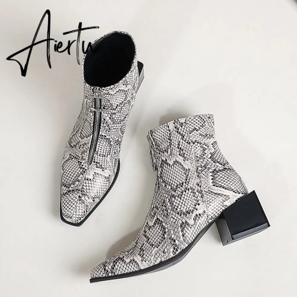 Aiertu Big Size 34-48 Ankle Boots Women Silver Black Front Zipper Short Boots Ladies Thick Chunky Medium Heel Biker Boot Shoes Aiertu