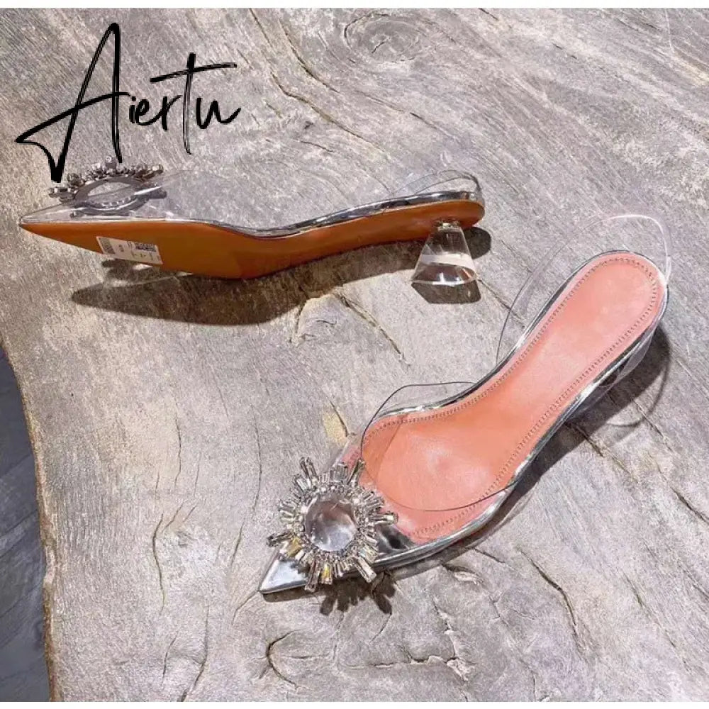Aiertu Big size 44 45 Women Pumps Elegant Pointed toe Rhinestones High heels Wedding Shoes Crystal Clear heeled Slingback Pumps Sandals Aiertu