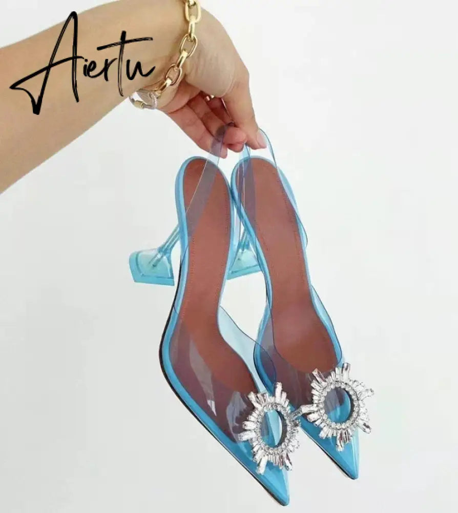 Aiertu Big size 44 45 Women Pumps Elegant Pointed toe Rhinestones High heels Wedding Shoes Crystal Clear heeled Slingback Pumps Sandals Aiertu
