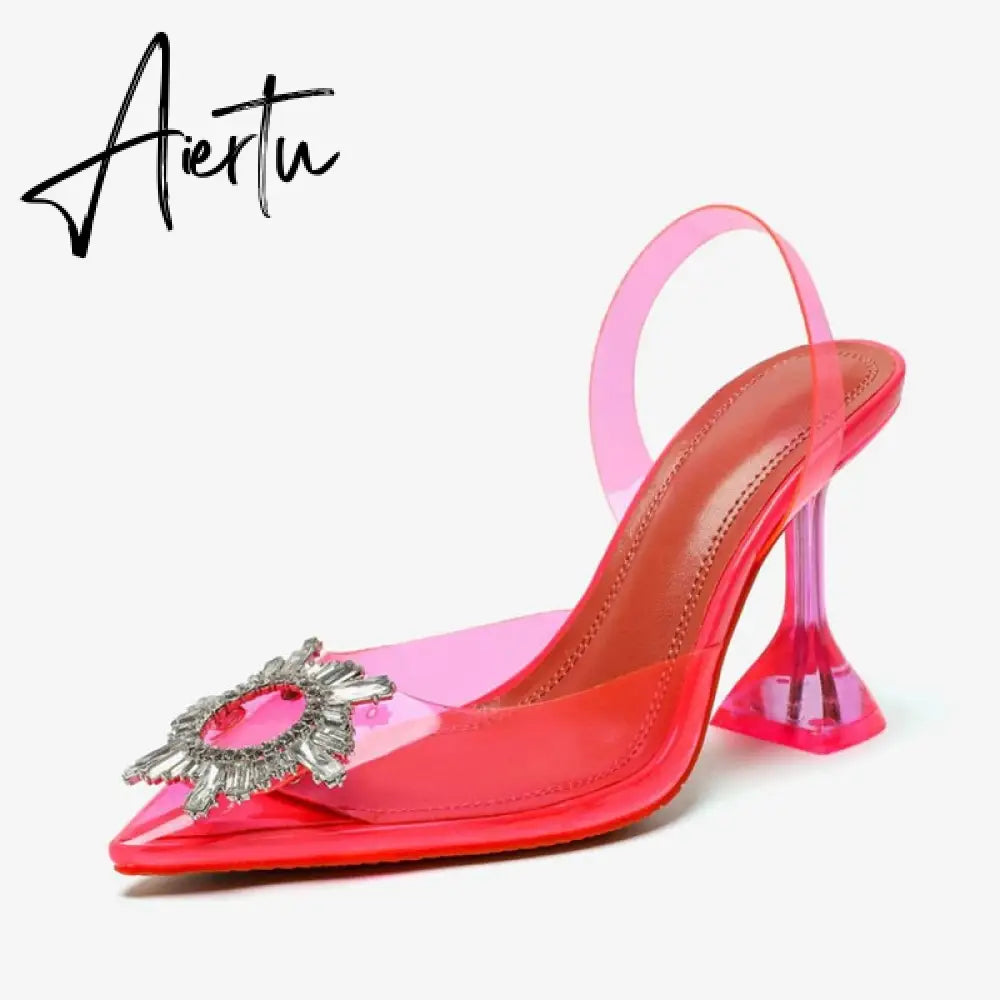 Aiertu Big size 44 45 Women Pumps Elegant Pointed toe Rhinestones High heels Wedding Shoes Crystal Clear heeled Slingback Pumps Sandals Aiertu