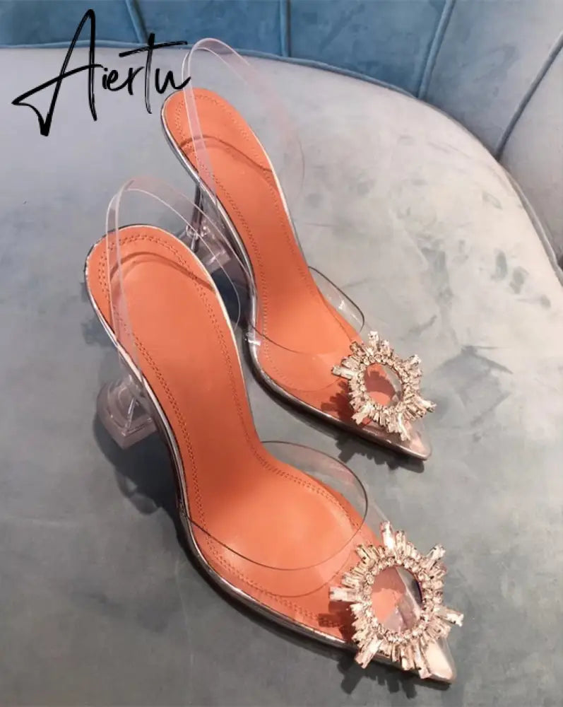 Aiertu Big size 44 45 Women Pumps Elegant Pointed toe Rhinestones High heels Wedding Shoes Crystal Clear heeled Slingback Pumps Sandals Aiertu
