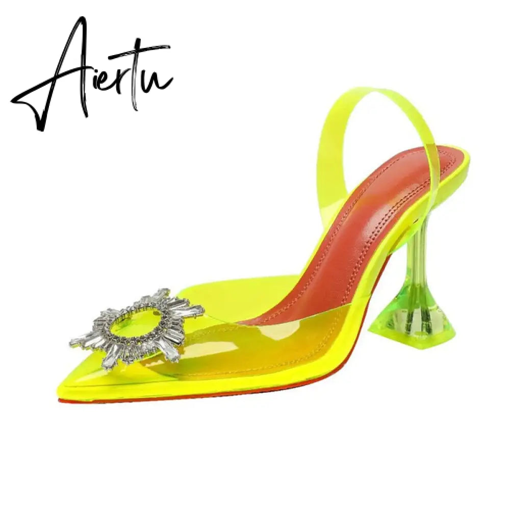 Aiertu Big size 44 45 Women Pumps Elegant Pointed toe Rhinestones High heels Wedding Shoes Crystal Clear heeled Slingback Pumps Sandals Aiertu