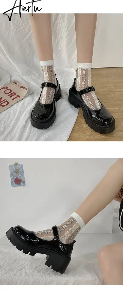 Aiertu Black Lolita Leather Shoes Autumn  Buckle Strap British Retro Rubber Wedge Platform JK Uniform Mary Jane Round Toe Singles Aiertu