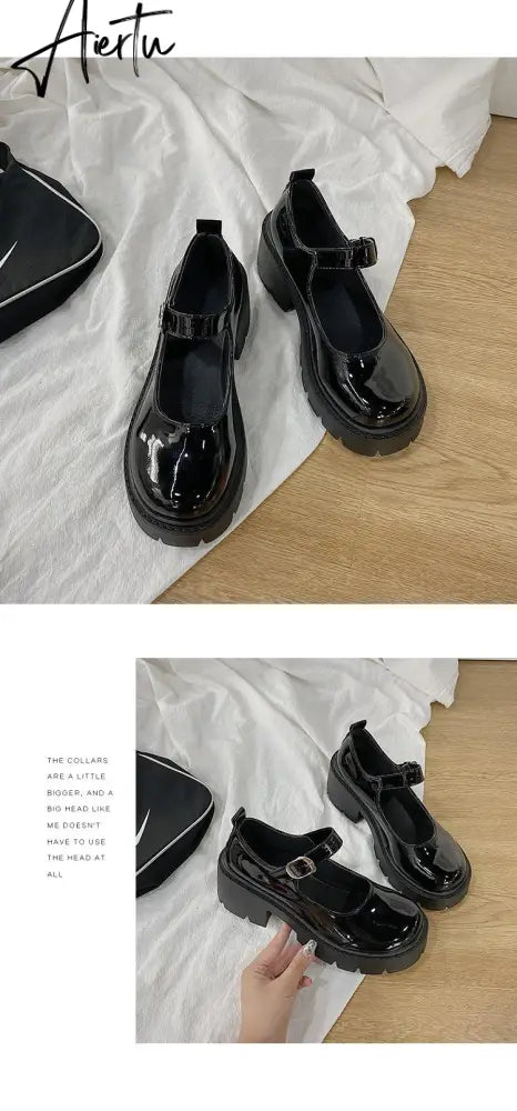 Aiertu Black Lolita Leather Shoes Autumn  Buckle Strap British Retro Rubber Wedge Platform JK Uniform Mary Jane Round Toe Singles Aiertu