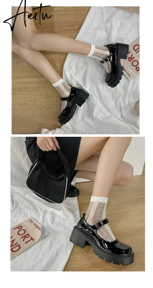 Aiertu Black Lolita Leather Shoes Autumn  Buckle Strap British Retro Rubber Wedge Platform JK Uniform Mary Jane Round Toe Singles Aiertu