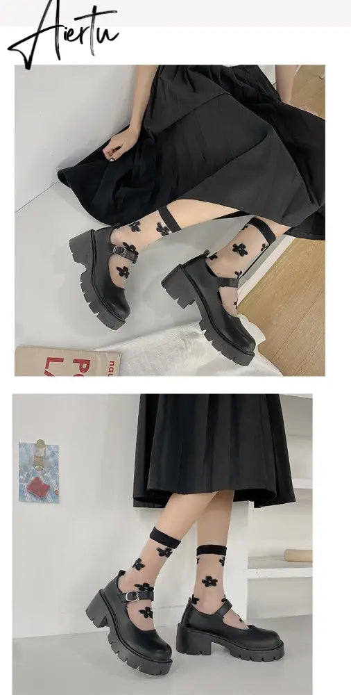 Aiertu Black Lolita Leather Shoes Autumn  Buckle Strap British Retro Rubber Wedge Platform JK Uniform Mary Jane Round Toe Singles Aiertu