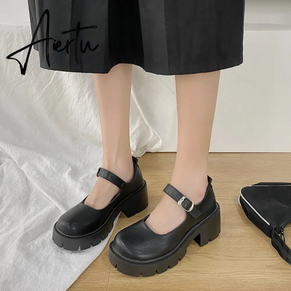 Aiertu Black Lolita Leather Shoes Autumn  Buckle Strap British Retro Rubber Wedge Platform JK Uniform Mary Jane Round Toe Singles Aiertu