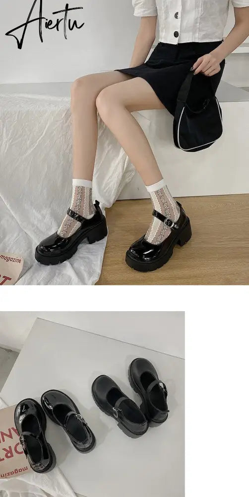 Aiertu Black Lolita Leather Shoes Autumn  Buckle Strap British Retro Rubber Wedge Platform JK Uniform Mary Jane Round Toe Singles Aiertu