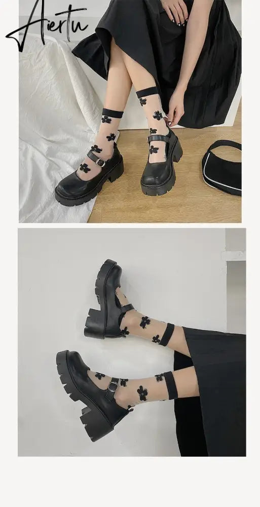 Aiertu Black Lolita Leather Shoes Autumn  Buckle Strap British Retro Rubber Wedge Platform JK Uniform Mary Jane Round Toe Singles Aiertu