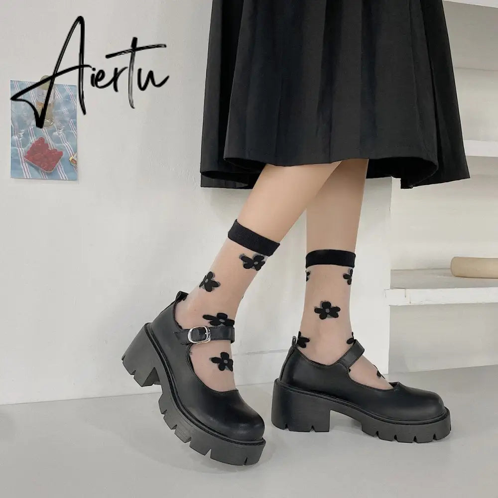 Aiertu Black Lolita Leather Shoes Autumn  Buckle Strap British Retro Rubber Wedge Platform JK Uniform Mary Jane Round Toe Singles Aiertu