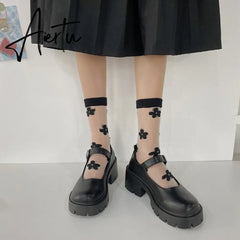 Aiertu Black Lolita Leather Shoes Autumn  Buckle Strap British Retro Rubber Wedge Platform JK Uniform Mary Jane Round Toe Singles Aiertu