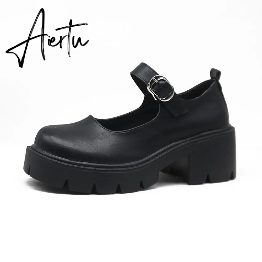 Aiertu Black Lolita Leather Shoes Autumn  Buckle Strap British Retro Rubber Wedge Platform JK Uniform Mary Jane Round Toe Singles Aiertu