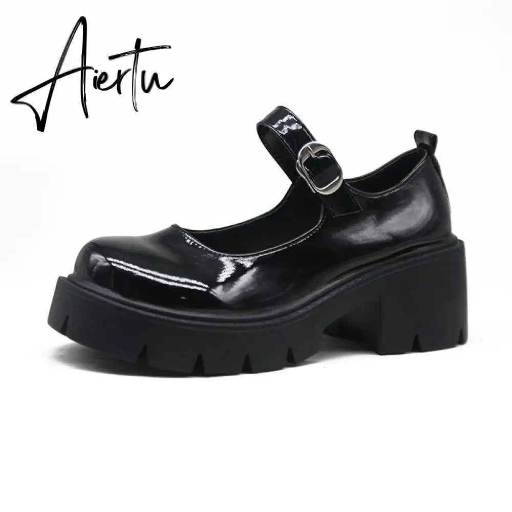 Aiertu Black Lolita Leather Shoes Autumn  Buckle Strap British Retro Rubber Wedge Platform JK Uniform Mary Jane Round Toe Singles Aiertu