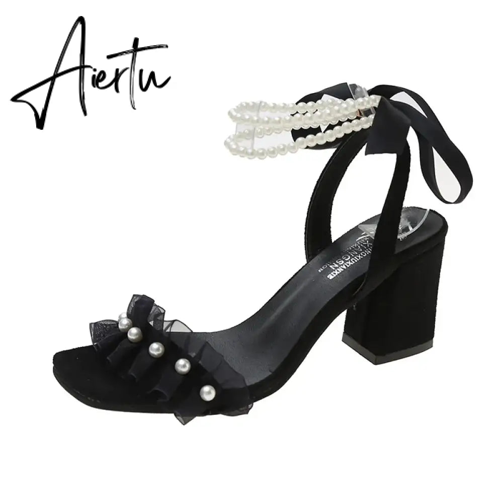 Aiertu Black Platform Sandals Female Shoe Summer Lace Denim Women's High Heels Med Espadrilles Girls Laces Fashion Gladiator Beige Aiertu