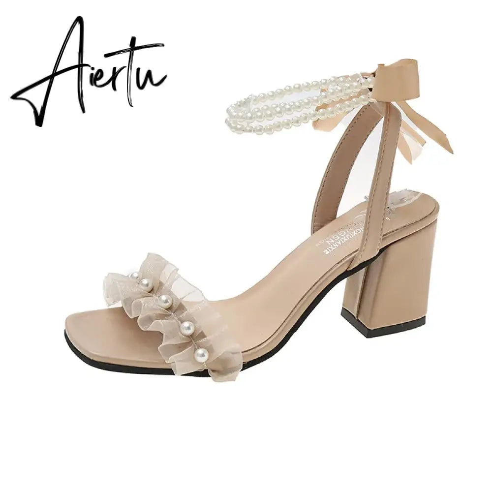 Aiertu Black Platform Sandals Female Shoe Summer Lace Denim Women's High Heels Med Espadrilles Girls Laces Fashion Gladiator Beige Aiertu