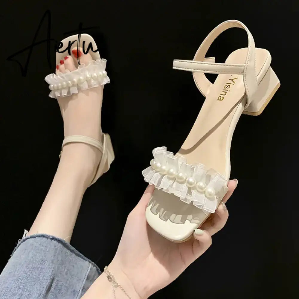 Aiertu Black Platform Sandals Female Shoe Summer Lace Denim Women's High Heels Med Espadrilles Girls Laces Fashion Gladiator Beige Aiertu