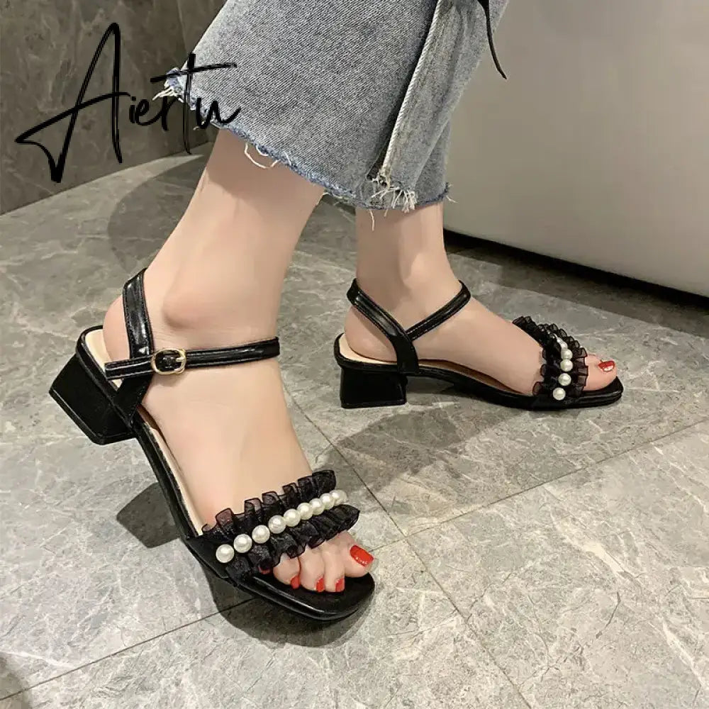 Aiertu Black Platform Sandals Female Shoe Summer Lace Denim Women's High Heels Med Espadrilles Girls Laces Fashion Gladiator Beige Aiertu