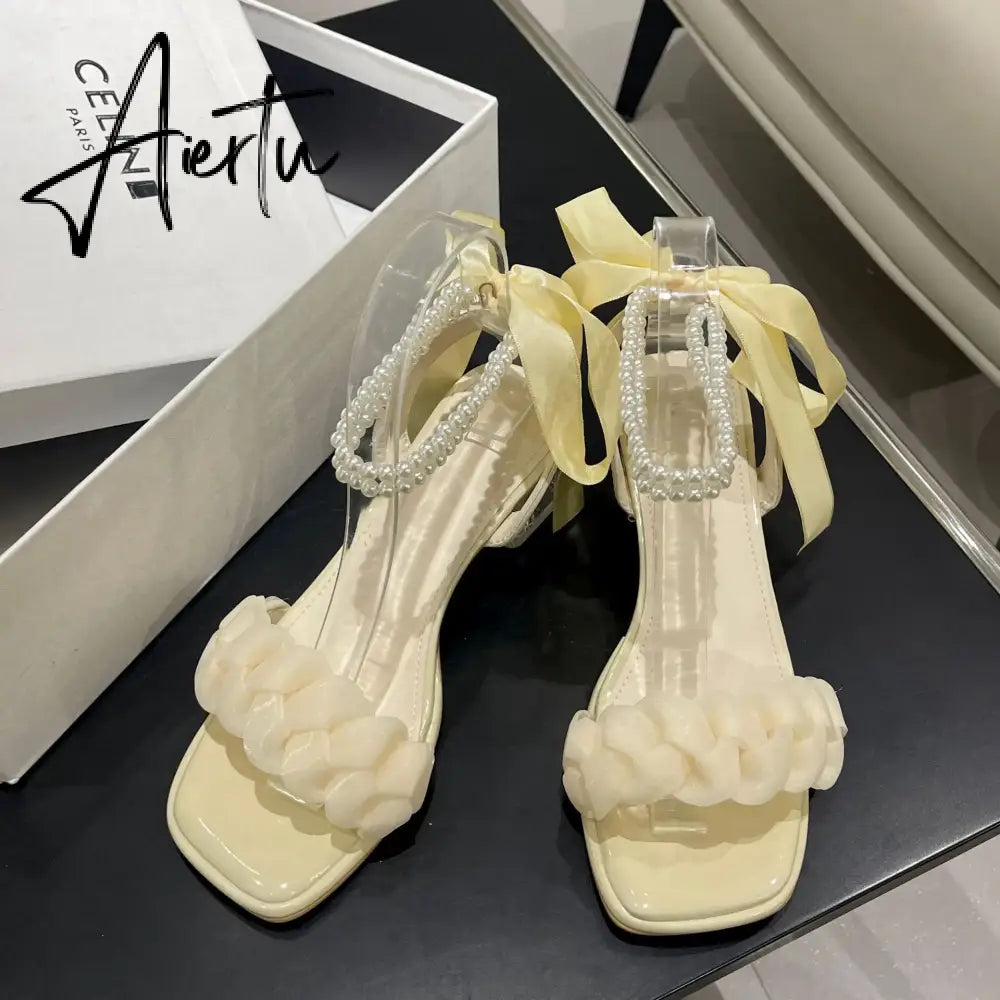 Aiertu Black Platform Sandals Female Shoe Summer Lace Denim Women's High Heels Med Espadrilles Girls Laces Fashion Gladiator Beige Aiertu