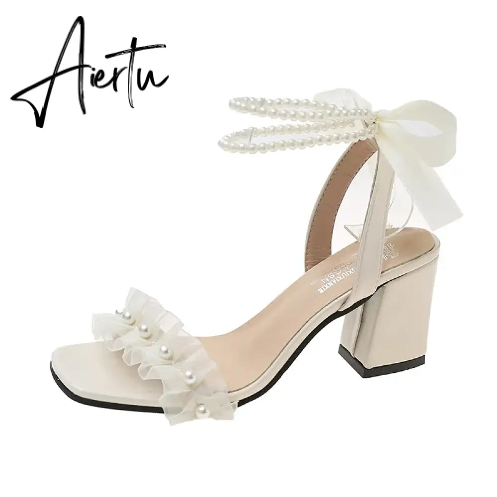 Aiertu Black Platform Sandals Female Shoe Summer Lace Denim Women's High Heels Med Espadrilles Girls Laces Fashion Gladiator Beige Aiertu