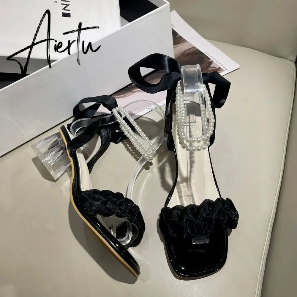 Aiertu Black Platform Sandals Female Shoe Summer Lace Denim Women's High Heels Med Espadrilles Girls Laces Fashion Gladiator Beige Aiertu