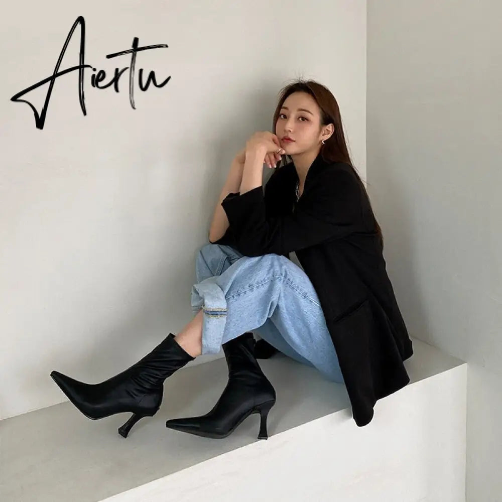 Aiertu Black Women Ankle Boots Woman Thin High Heel Fashion Pointed Toe Zipper Winter Women's Shoes Leather White Short Booties Aiertu