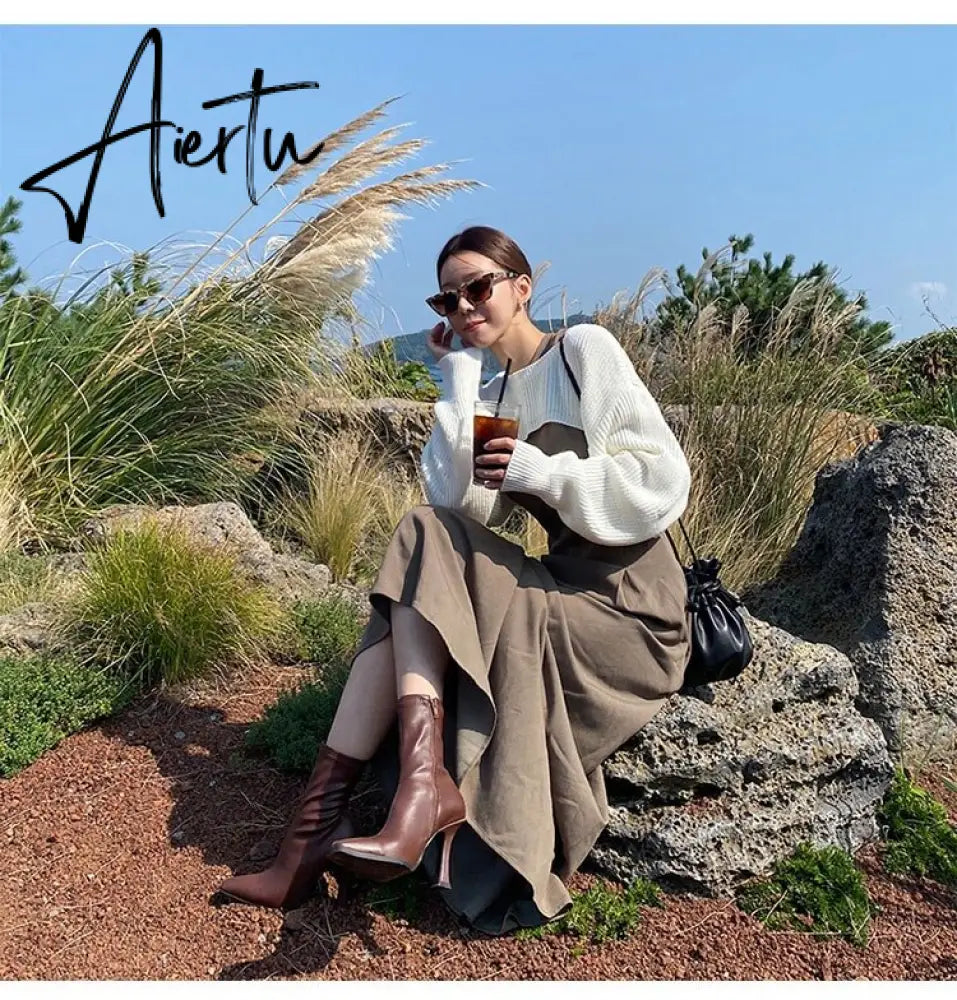 Aiertu Black Women Ankle Boots Woman Thin High Heel Fashion Pointed Toe Zipper Winter Women's Shoes Leather White Short Booties Aiertu
