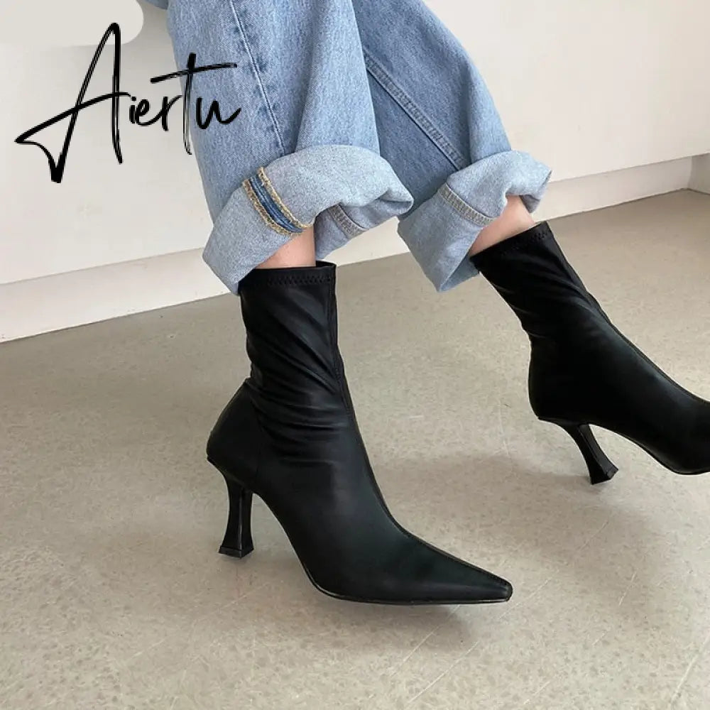 Aiertu Black Women Ankle Boots Woman Thin High Heel Fashion Pointed Toe Zipper Winter Women's Shoes Leather White Short Booties Aiertu
