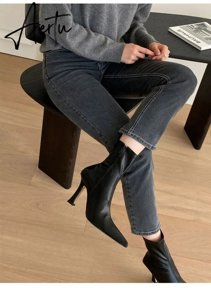 Aiertu Black Women Ankle Boots Woman Thin High Heel Fashion Pointed Toe Zipper Winter Women's Shoes Leather White Short Booties Aiertu
