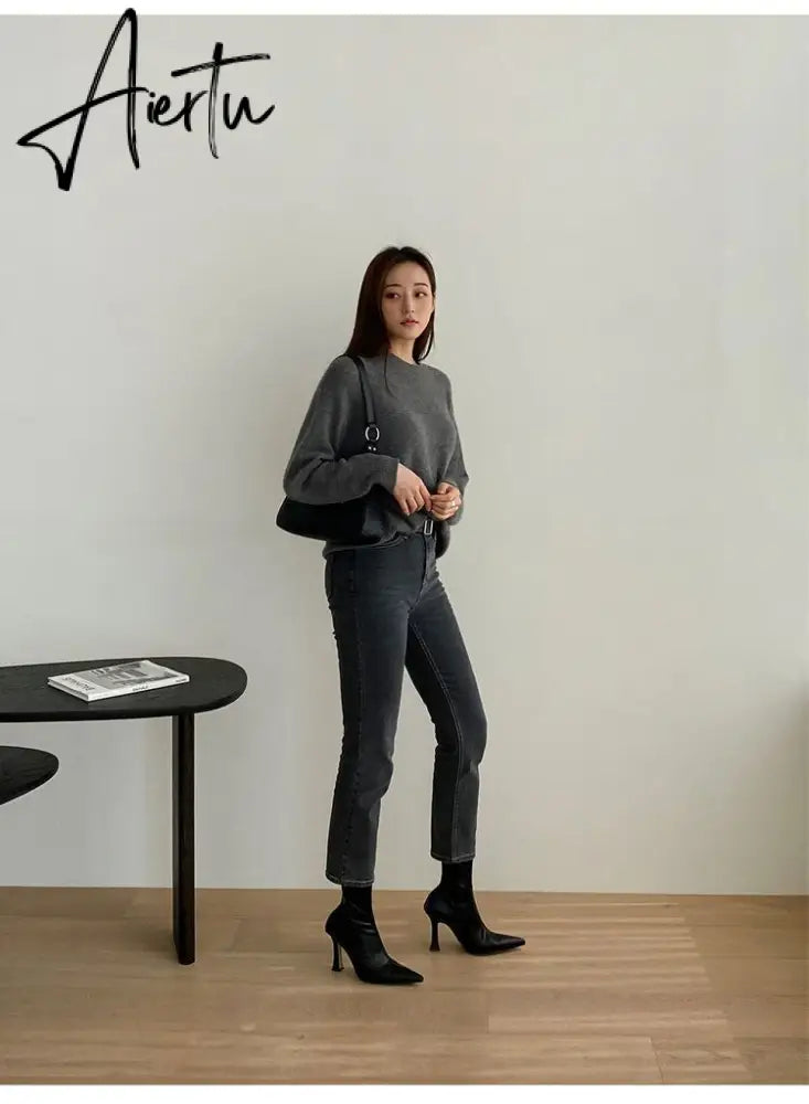 Aiertu Black Women Ankle Boots Woman Thin High Heel Fashion Pointed Toe Zipper Winter Women's Shoes Leather White Short Booties Aiertu