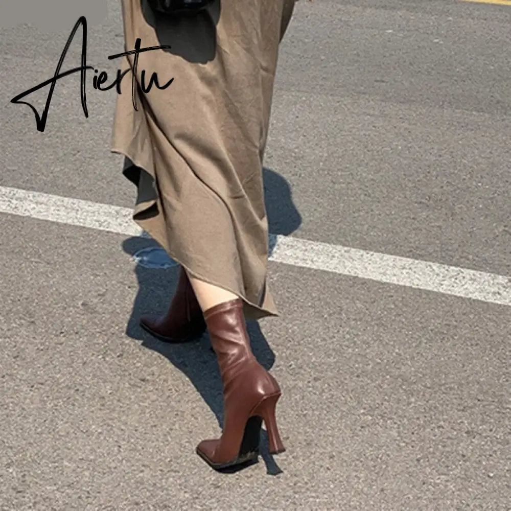Aiertu Black Women Ankle Boots Woman Thin High Heel Fashion Pointed Toe Zipper Winter Women's Shoes Leather White Short Booties Aiertu