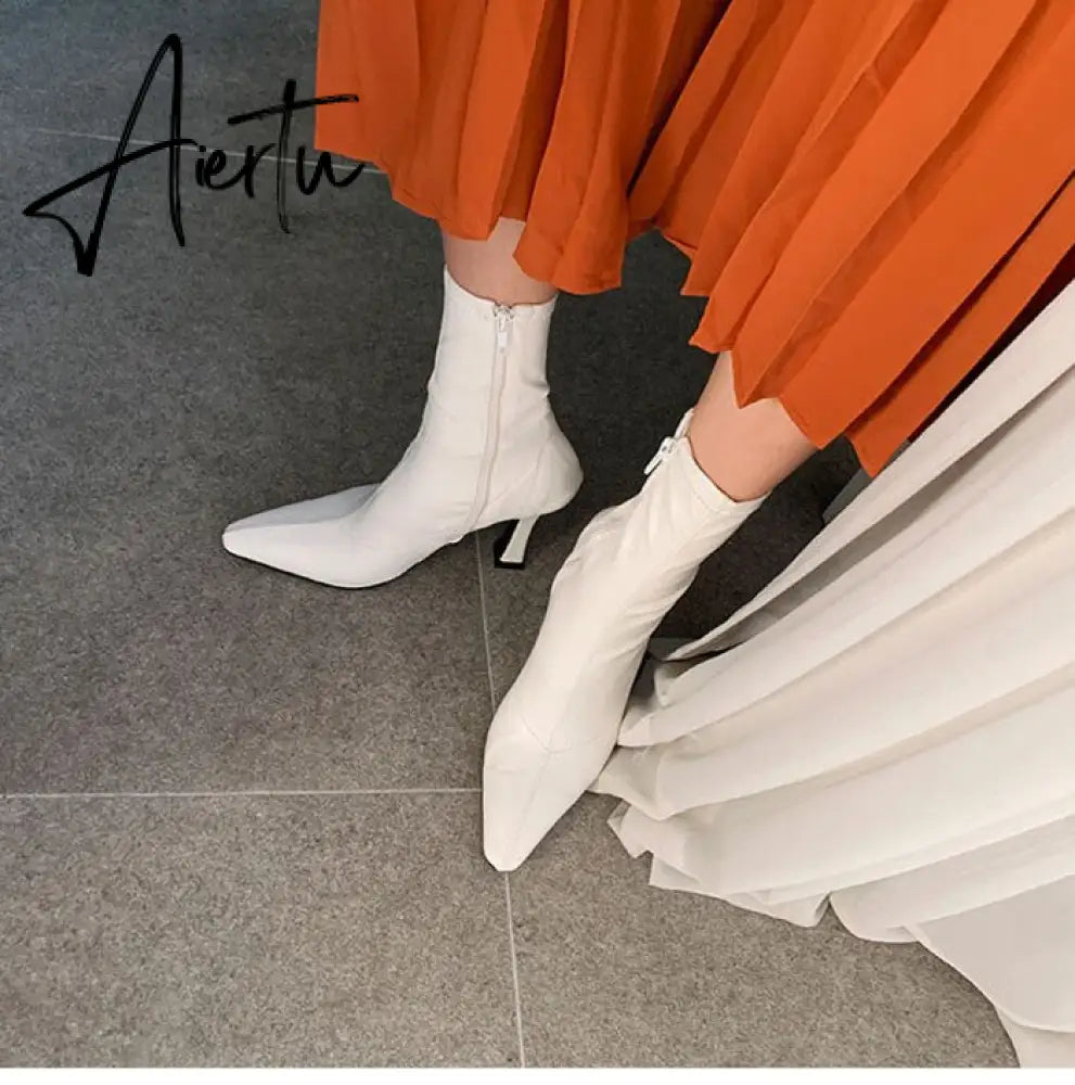 Aiertu Black Women Ankle Boots Woman Thin High Heel Fashion Pointed Toe Zipper Winter Women's Shoes Leather White Short Booties Aiertu