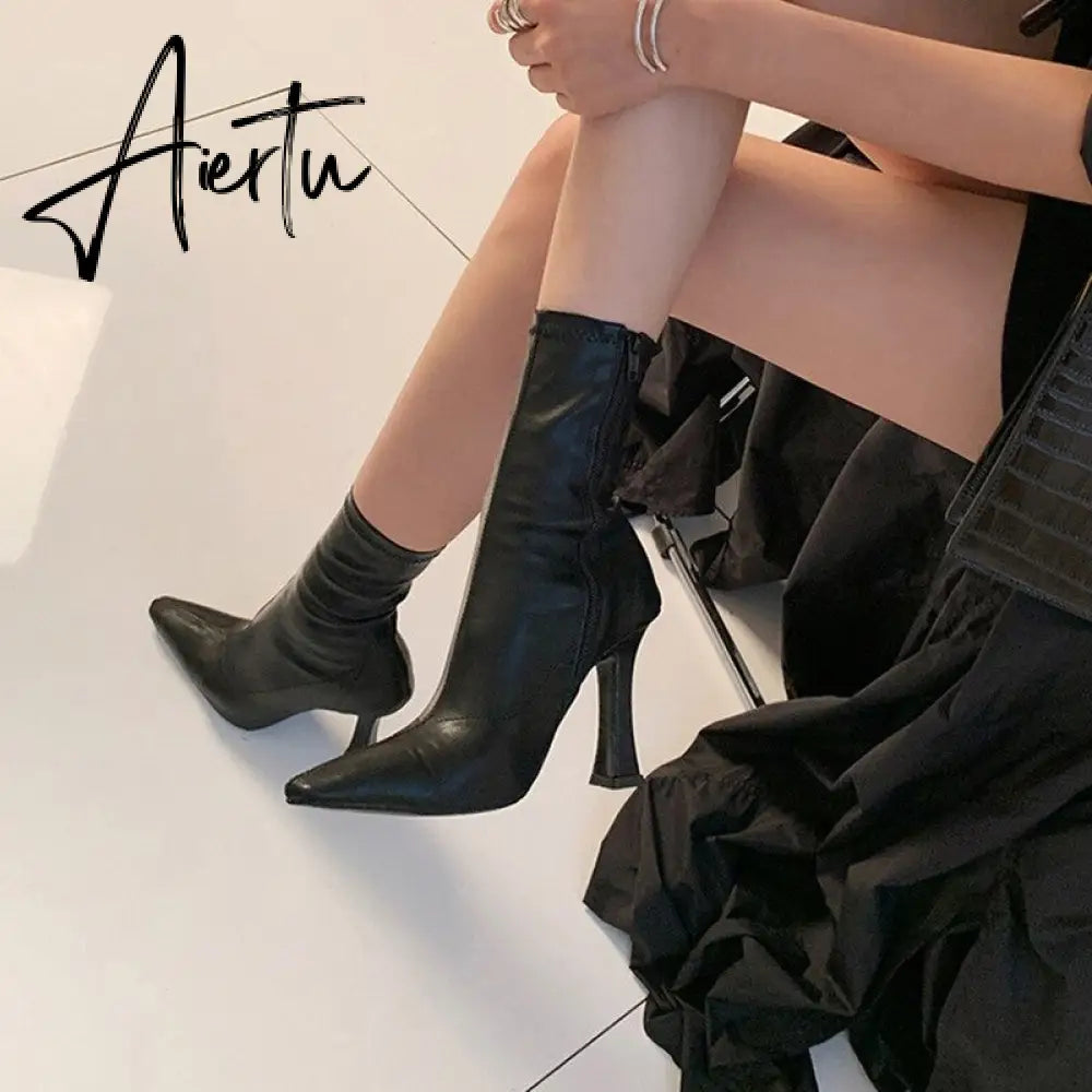 Aiertu Black Women Ankle Boots Woman Thin High Heel Fashion Pointed Toe Zipper Winter Women's Shoes Leather White Short Booties Aiertu