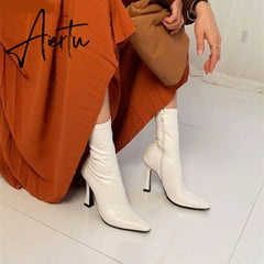 Aiertu Black Women Ankle Boots Woman Thin High Heel Fashion Pointed Toe Zipper Winter Women's Shoes Leather White Short Booties Aiertu