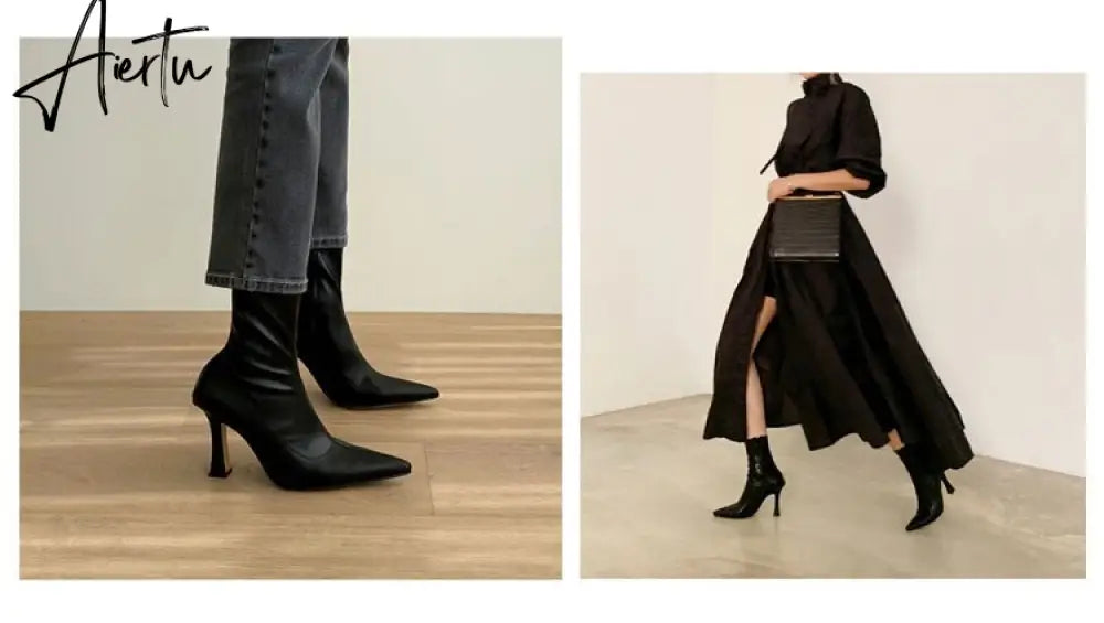 Aiertu Black Women Ankle Boots Woman Thin High Heel Fashion Pointed Toe Zipper Winter Women's Shoes Leather White Short Booties Aiertu