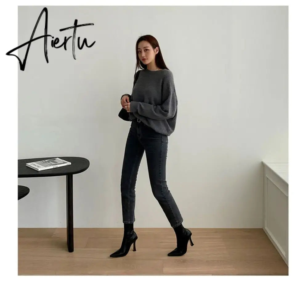 Aiertu Black Women Ankle Boots Woman Thin High Heel Fashion Pointed Toe Zipper Winter Women's Shoes Leather White Short Booties Aiertu