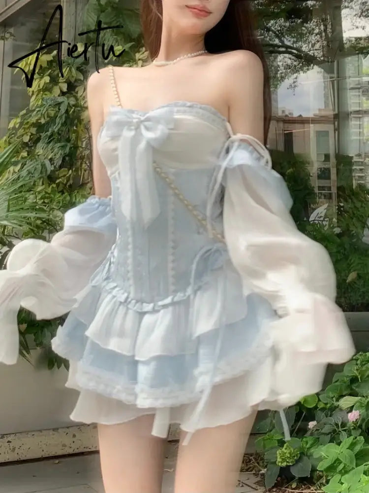 Aiertu Blue Japanese Kawaii Two Piece Set Women Sweet Party Bow Cute Mini Dress Suit Female Korean Style Off Shoulder Elegant Sets Aiertu