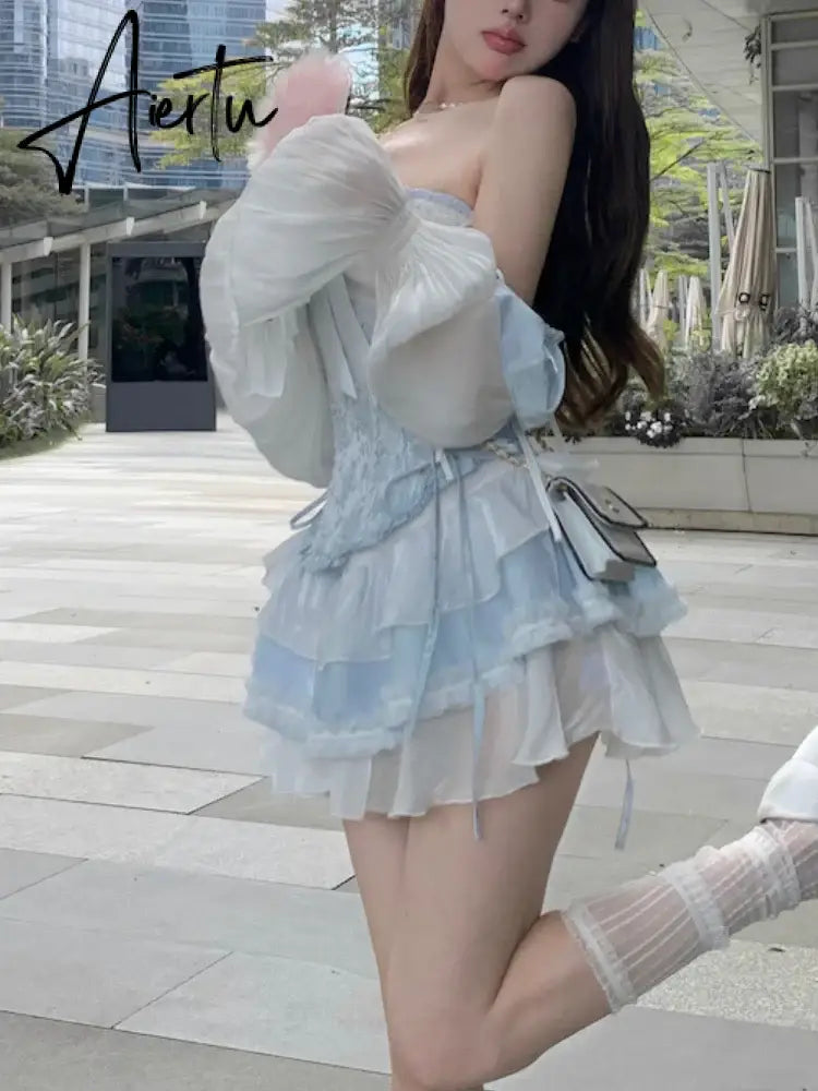 Aiertu Blue Japanese Kawaii Two Piece Set Women Sweet Party Bow Cute Mini Dress Suit Female Korean Style Off Shoulder Elegant Sets Aiertu